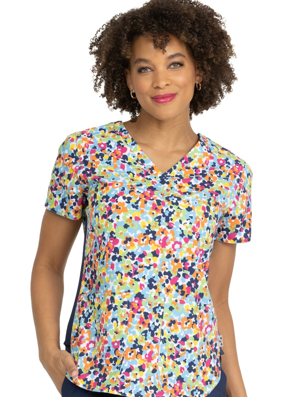Women’s Floral V-Neck Short Sleeve Scrub Top - Multicolor